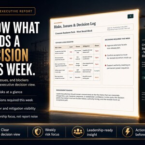 Puede incluir: Un documento digital de informe ejecutivo semanal titulado Risks, Issues & Decision Log para Crescent Business Park. El diseño incluye una tabla de registro de riesgos y problemas, una sección de decisiones requeridas y texto en una pantalla.