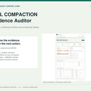Może przedstawiać: Cyfrowy interfejs oprogramowania Soil Compaction Evidence Auditor. Ekran wyświetla dane kontroli projektu, wskaźniki kontroli jakości w inżynierii lądowej oraz pulpit nawigacyjny do przeglądania dowodów i zarządzania danymi.