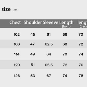 May include: Clothing size chart in centimeters. The chart displays measurements for chest, shoulder, sleeve, and length (front and back) for sizes S, M, L, XL, and XXL. The chart is on a light gray background.