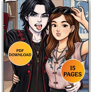 Puede incluir: Ilustración de dos personas posando para un selfie, con el texto "Uneven Love Days" en la parte superior. La imagen incluye el texto "PDF Download" y "15 Pages" en círculos naranjas. La parte inferior de la imagen dice "For Adults and Children".