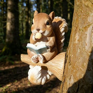 Op de afbeelding: Een bruin eekhoornbeeldje dat een blauw boek leest en een noot vasthoudt. De eekhoorn zit op een tak, met een pluizige staart. De achtergrond is een vage bosscène. Het beeldje is gemaakt van een duurzaam materiaal.