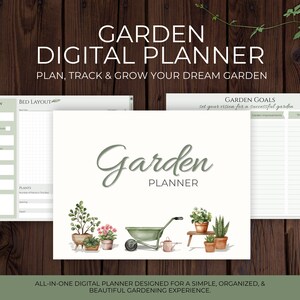 Op de afbeelding: Digitale tuinplanner met de woorden "Garden Planner". De afbeelding bevat illustraties van potplanten, een kruiwagen en tuingereedschap. Tekst luidt "Plan, Track & Grow Your Dream Garden."
