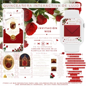 May include: A digital Quinceañera invitation template set featuring red roses, gold accents, and interactive web elements. The design includes a mobile phone interface, a smartwatch display, and various invitation cards with text in Spanish.