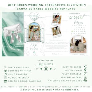 Modelo de site de casamento editável em verde menta no Canva, convite de casamento interativo, site de casamento, confirmação de presença (RSVP), cronômetro de contagem regressiva.