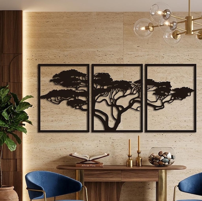 Set of 3 Metal Tree Wall Art Panels – Black Iron Tree of Life Wall ...