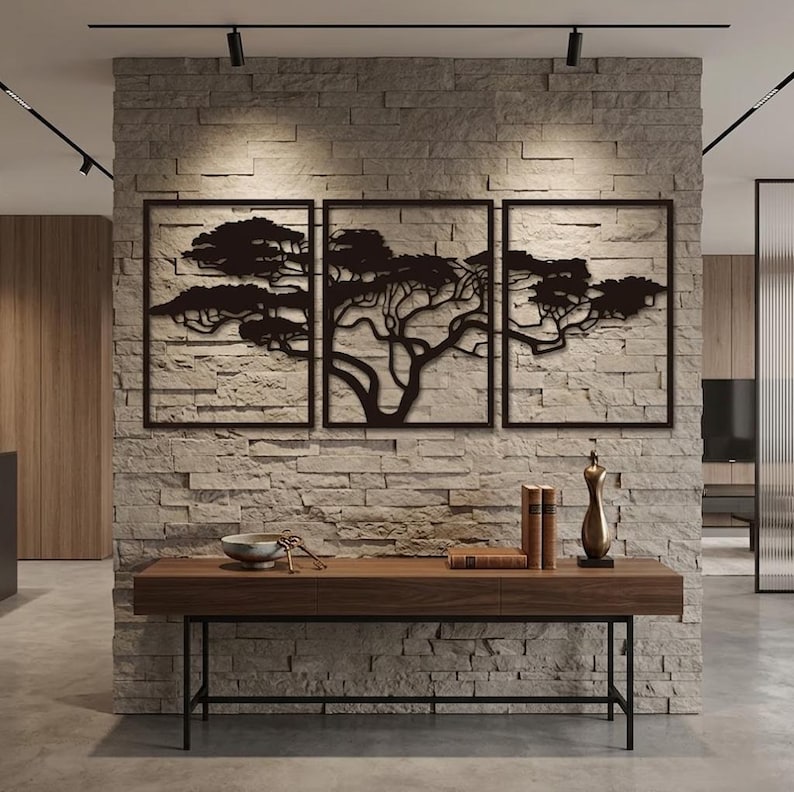 Set of 3 Metal Tree Wall Art Panels – Black Iron Tree of Life Wall ...