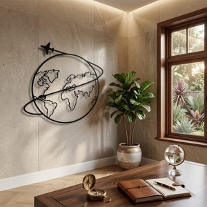 Mapa Mundi Avião Arte de Parede em Metal | Decoração para Amantes de Viagens | Globo para Pendurar na Parede | Presente para Casa ou Escritório para Viajantes