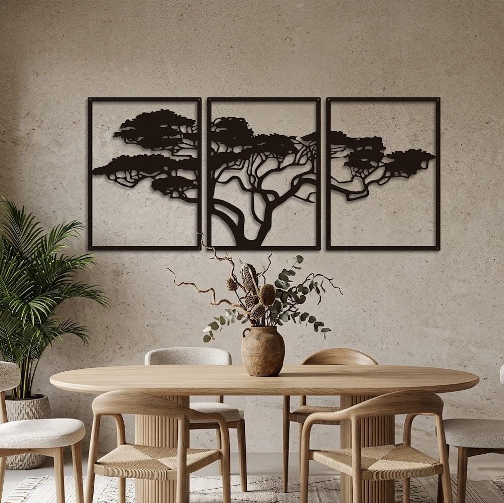 Set of 3 Metal Tree Wall Art Panels – Black Iron Tree of Life Wall ...