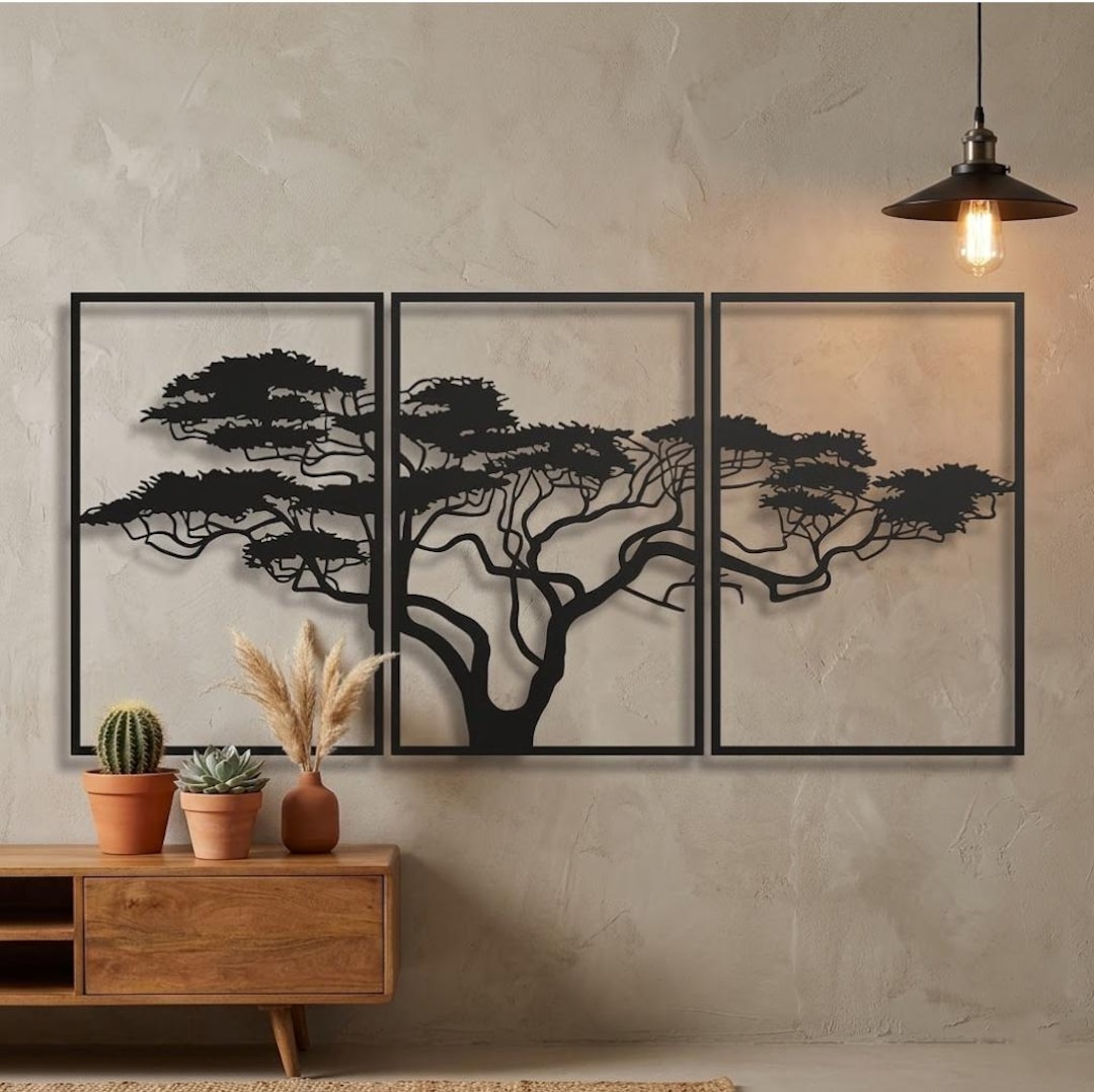Set of 3 Metal Tree Wall Art Panels – Black Iron Tree of Life Wall ...