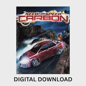 Puede incluir: Imagen de descarga digital del videojuego "Need for Speed: Carbon". La portada presenta un coche deportivo rojo corriendo en una carretera de montaña, con un coche amarillo en el fondo. El título del juego se muestra en la parte superior y las palabras "DESCARGA DIGITAL" en la parte inferior.