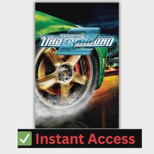May include: A video game cover for Need for Speed Underground 2. The image features a close-up of a car wheel with a gold rim, smoke, and the game's logo. The background shows a green car and a city at night. The bottom of the image has the text "Instant Access".