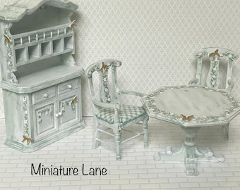 Dollhouse DINING ROOM SET 1:12 Miniature Furniture Artisan Hand-Painted Table & Chairs plus Hutch, Teal Green Floral Butterfly