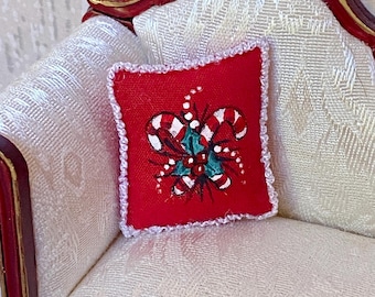 Dollhouse Miniature CHRISTMAS PILLOW Red Candy Canes Hand-painted Artisan 1:12 Accessory Decor