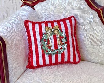 Dollhouse Miniature CHRISTMAS PILLOW Holiday Wreath Hand-painted Artisan 1:12 Accessory Decor