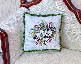 Dollhouse Miniature CHRISTMAS PILLOW Winter Floral Bouquet Hand-painted Artisan 1:12 Accessory Decor