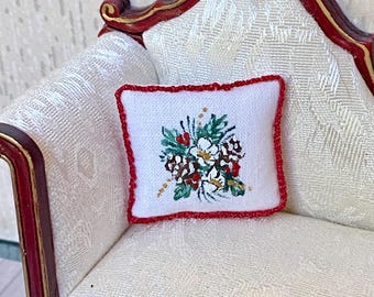 Dollhouse Miniature CHRISTMAS PILLOW Winter Floral Bouquet Hand-painted Artisan 1:12 Accessory Decor