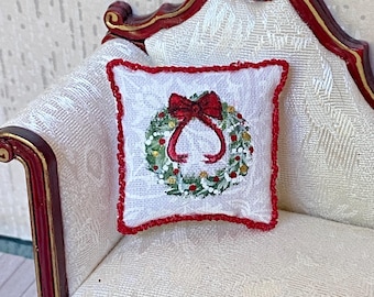Dollhouse Miniature CHRISTMAS PILLOW Hand-painted Wreath Artisan 1:12 Accessory Decor