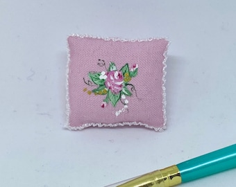 Dollhouse Miniature Furniture Hand-Painted PILLOW Pink with Roses 1:12 Scale Bed Bedroom Sofa Accent Accessory