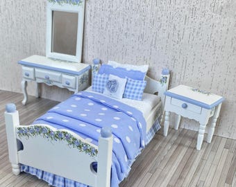 Dollhouse Miniature Hand-Painted Bedroom Set 1:12 Furniture in Periwinkle Blue