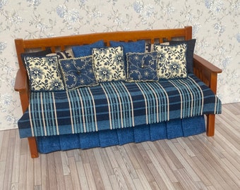 Dollhouse Miniature DAYBED Navy Blue Plaid & Tan 1:12 Bedroom Furniture