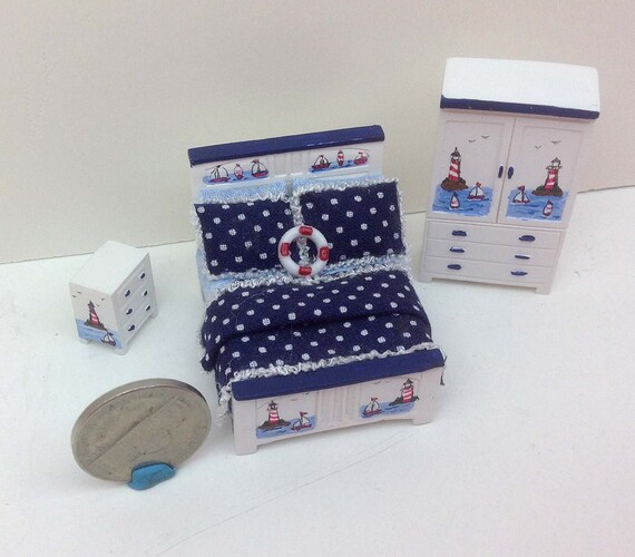 1 48 Dollhouse Miniature Bedroom Furniture 3pc Set Nautical Theme Artisan Hand Painted Furniture Bed Lighthouse Quarter Inch Scale