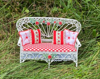 Dollhouse Miniature SUMMER PATIO SETTEE Artisan 1:12 Furniture Red Trellis Roses Strawberries Custom White Wire Bench Victorian