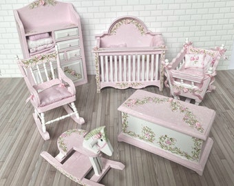 Dollhouse PINK ROSEBUD NURSERY Artisan Hand-Painted 1:12 by Miniature Lane Sweet Princess Furniture Baby Crib Hutch Rocking Chair Cradle