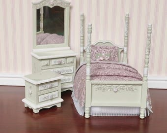 Dollhouse Miniature BEDROOM Set 1:12 Hand-Painted Furniture Roses on Sage