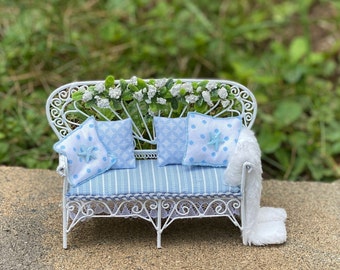 Dollhouse Miniature Summer BEACH PATIO SETTEE Artisan 1:12 Furniture Blue & White Custom White Wire Bench Beachy Cottage Floral