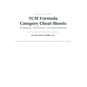 Könnte beinhalten: Weißer Hintergrund mit Text, der lautet: "HERBAL RHYMES TCM Formula Category Cheat Sheets". Der Text enthält auch "27 Kategorien • 128 Formeln – Auf einen Blick Referenz". Der Autor ist Dr. Stacy Peck, DACM, L.Ac.