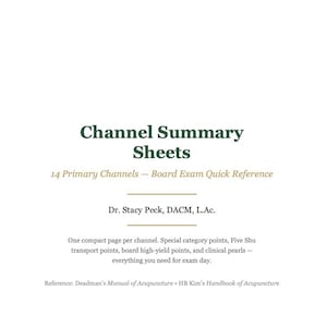 Könnte beinhalten: Eine weiße Seite mit dem Titel "Channel Summary Sheets" in Dunkelgrün. Unter dem Titel steht der Text "14 Primary Channels - Board Exam Quick Reference". Der Name des Autors ist Dr. Stacy Peck, DACM, L.Ac.