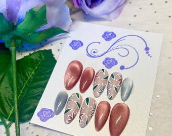 Bridal Cat Eye Hand-Painted Flower Accent Press-on Nails