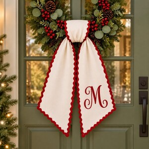Custom Monogram Wreath Sash, Personalized Christmas Door Bow, Red Holiday Wreath Decor, Elegant Front Door Accent, Hostess Gift Idea
