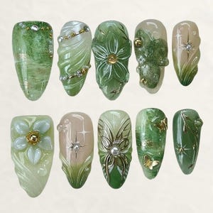 Green Press On Nails With 3D Flowers, Pearl Butterfly False Nails, Luxury Nature Nail Art Set, Handmade Long Nails Gift