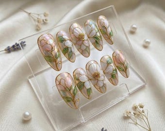 Imperial White Stained Glass Press On Nails, Floral Art Glass Nails, Elegant Bride Nails, Wedding Floral Art, Bridal Fake Nails