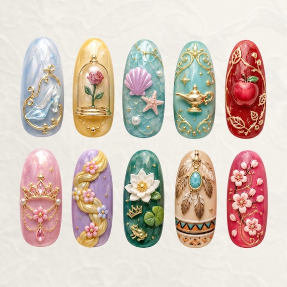 Colorful Disney Princess 3D Nail, Magic Castle Press On Nail, Crown Rose Apple Fantasy Style, Mermaid Nail Set, Gift For Her