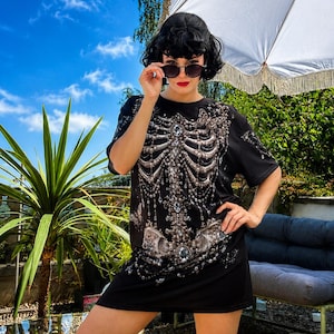 Woman’s Gothic Skeleton T-Shirt Dress | Victorian Halloween Pearl Bone Print Tee image 1