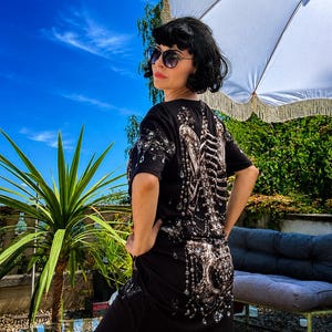 Woman’s Gothic Skeleton T-Shirt Dress | Victorian Halloween Pearl Bone Print Tee image 3