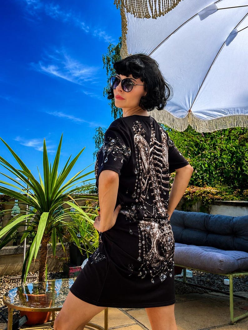 Woman’s Gothic Skeleton T-Shirt Dress | Victorian Halloween Pearl Bone Print Tee image 3