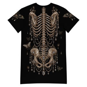 Gothic Skeleton Oversized T-Shirt Dress | Victorian Bone Art Tee | Dark Academia | Pearl Skeleton Graphic Shirt | Gothic Streetwear