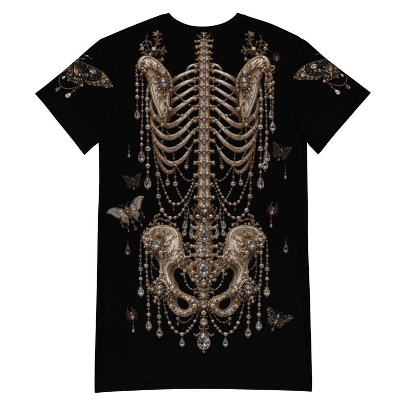 Gothic Skeleton Oversized T-Shirt Dress | Victorian Bone Art Tee | Dark Academia | Pearl Skeleton Graphic Shirt | Gothic Streetwear