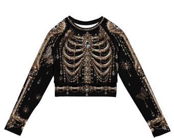 Gothic Skeleton Crop Top | Victorian Bone Long Sleeve Top | Alternative Dark Academia Clothing | Crystal Skeleton Shirt | Gothic Streetwear