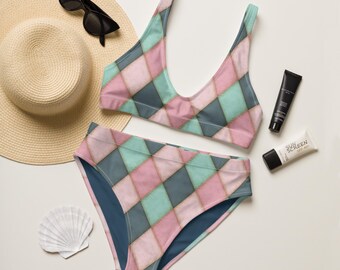 Pastel Harlequin Bikini Set – Vintage Circus Diamond Print Swimwear
