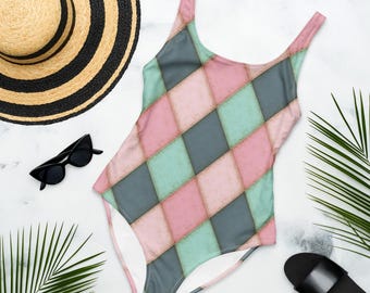 Pastel Harlequin Swimsuit – Vintage Diamond Circus Print Swimsuit Leotard