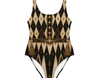 Imperial Harlequin Costume I Black Gold Circus Leotard | Gothic Burlesque | Jester Swimsuit | Theatrical Performer Bodysuit