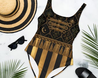 Black Gold Circus Swimsuit, Gothic Military One Piece, Alternative Swimwear, Victorian Inspired Bathing Suit, Pinup Beachwear