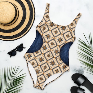 Mediterranean Compass Tile Swimsuit | Italian Ceramic Print One Piece | Slimming Waist Illusion Swimwear | Blue & Cream Resort Bathing Suit