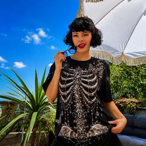 Woman’s Gothic Skeleton T-Shirt Dress | Victorian Halloween Pearl Bone Print Tee image 2