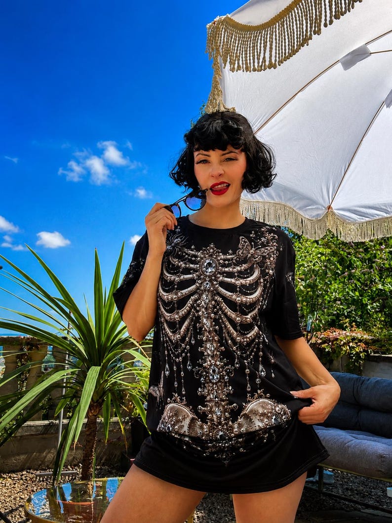 Woman’s Gothic Skeleton T-Shirt Dress | Victorian Halloween Pearl Bone Print Tee image 2