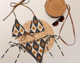 Black & Gold Mediterranean Tile String Bikini | Italian Summer Swimwear | Luxury Resort Wear | Amalfi Coast Beach Bikini